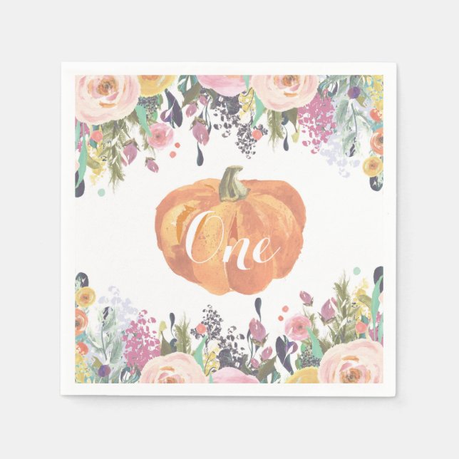 Serviette En Papier Aquarelle Floral Citrouille Premier anniversaire (Devant)