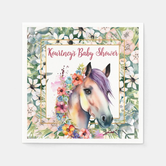 Serviette En Papier Aquarelle Floral Horse Baby shower (Devant)