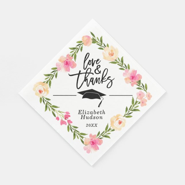 Serviette En Papier Aquarelle Floral Script Aimer & Merci Graduation (Coin)