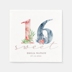 Serviette En Papier Aquarelle floral script rose or sweet sixteen