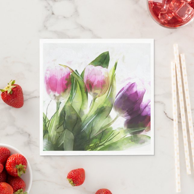 Serviette En Papier Aquarelle Floral Tulip Fleurs Papier Napkin (En situation)