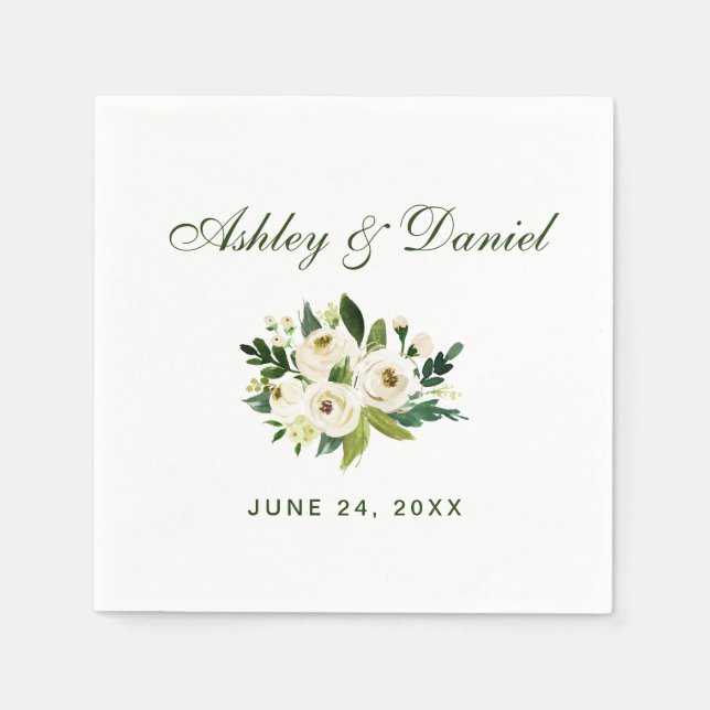 Serviette En Papier Aquarelle Floral Vert Mariage blanc (Devant)