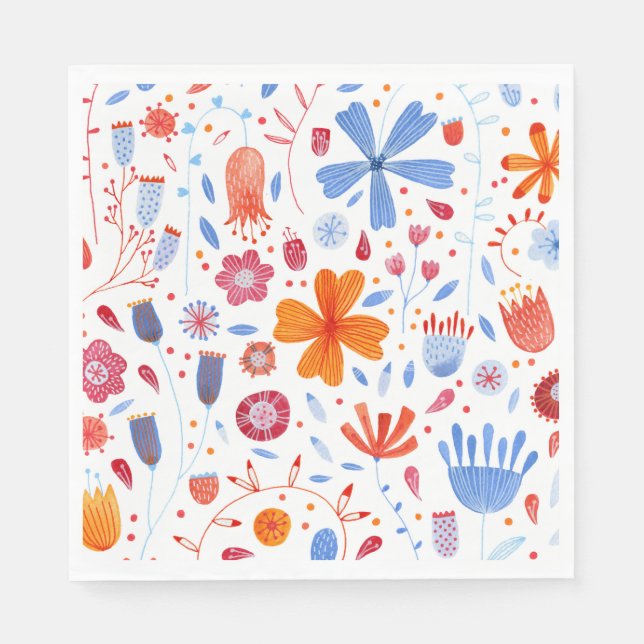 Serviette En Papier Aquarelle florale Bleu orange (Devant)