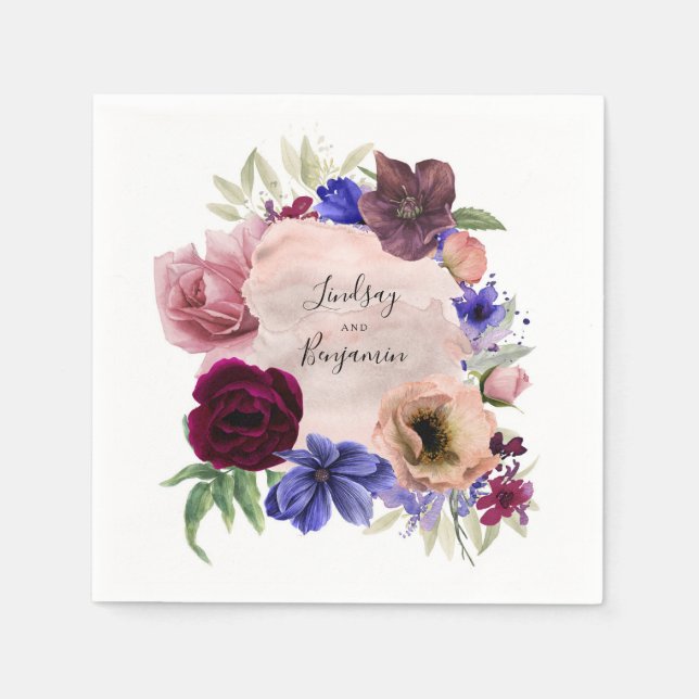 Serviette En Papier Aquarelle florale bleu roux rose et bordeaux (Devant)