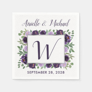 Serviette En Papier Aquarelle florale d'argent pourpre Mariage d'eucal