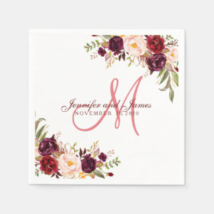 Serviette En Papier Aquarelle florale de Bourgogne Corail Monogramme M