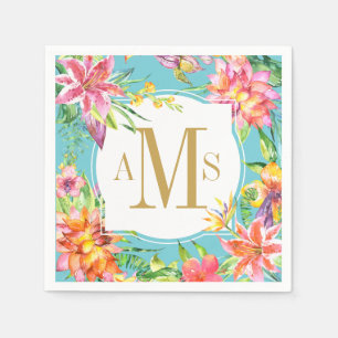 Serviette En Papier Aquarelle florale de monogramme chic tropical de 3
