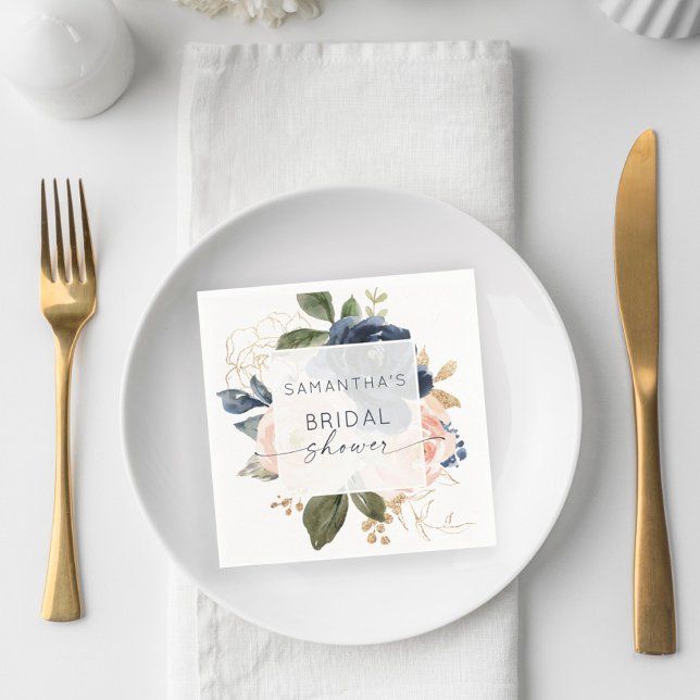 Serviette En Papier Aquarelle florale Fête des mariées marine rose (Créateur téléchargé)