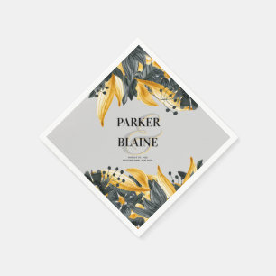 Serviette En Papier Aquarelle florale gris et jaune Mariage moderne