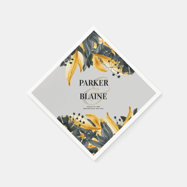 Serviette En Papier Aquarelle florale gris et jaune Mariage moderne (Coin)