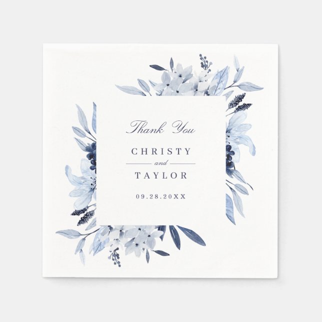 Serviette En Papier Aquarelle florale moderne bleu Personnalisée (Devant)