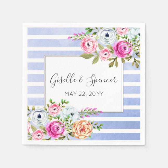 Serviette En Papier Aquarelle florale moderne Mariage de bande marine (Devant)