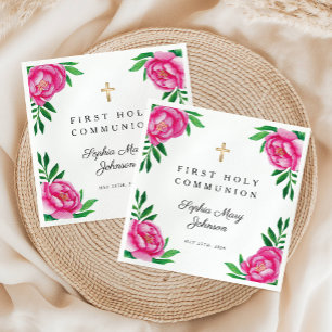Serviette En Papier Aquarelle florale Peonies roses Première communion