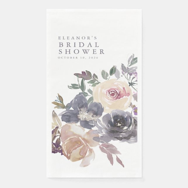 Serviette En Papier Aquarelle florale pourpre Dusty Nom Fête des marié (Devant)