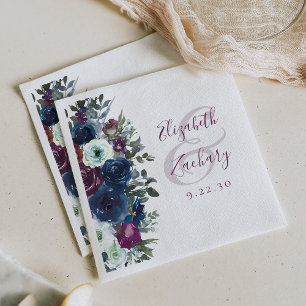 Serviette En Papier Aquarelle Florale Prune Bleu Nuit Mariage
