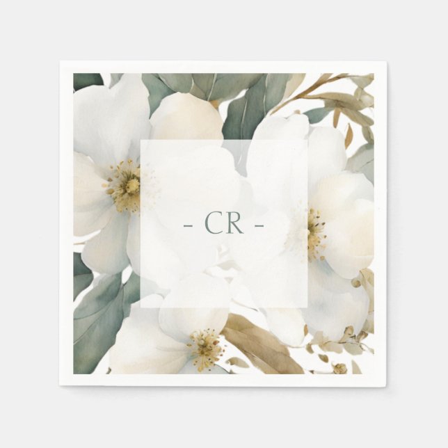 Serviette En Papier Aquarelle florale Revêtement et initiales (Devant)