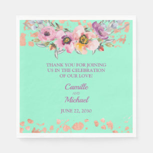 Serviette En Papier Aquarelle Florale sur Neo Mint avec or Rose