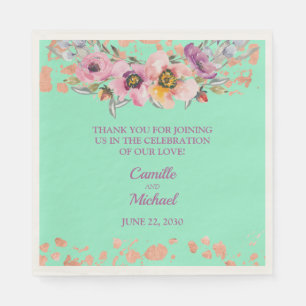 Serviette En Papier Aquarelle Florale sur Neo Mint avec or Rose