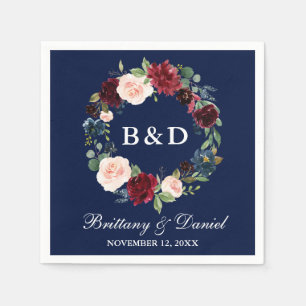 Serviette En Papier Aquarelle Florale Wreath Burgundy Bleu Mariage