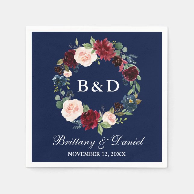 Serviette En Papier Aquarelle Florale Wreath Burgundy Bleu Mariage (Devant)