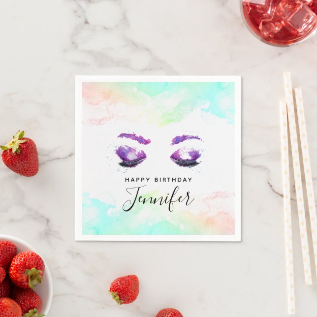 Serviette En Papier Aquarelle glamour aux yeux et aux bouillons pourpr (En situation)