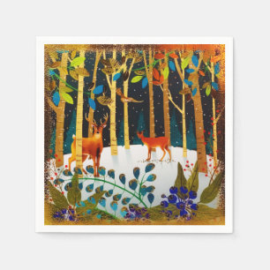 Serviette En Papier Aquarelle Gold Cosy Winter Deer Forest