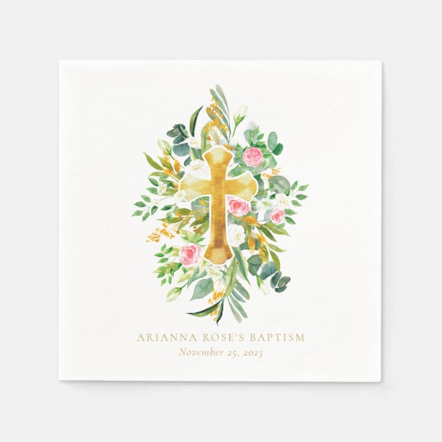 Serviette En Papier Aquarelle Gold Cross Rose Blanc Floral Baptême (Devant)
