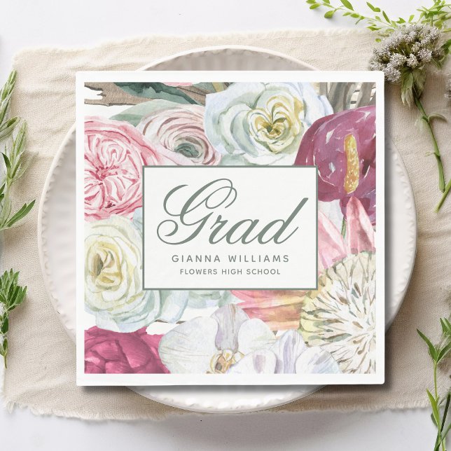 Serviette En Papier Aquarelle Grad Floral Élégant Graduation Moderne (Créateur téléchargé)