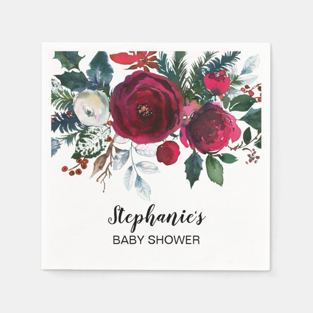 Serviette En Papier Aquarelle Hiver Bourgogne Baby shower Fleurs (Devant)