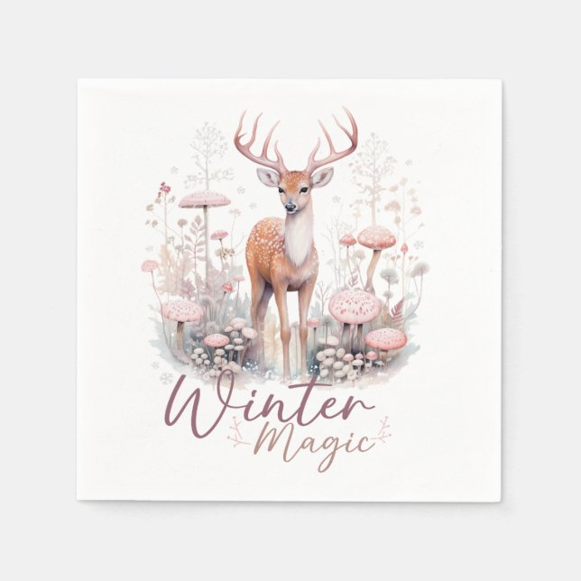 Serviette En Papier Aquarelle Hiver Magique Cerf (Devant)