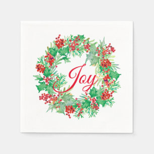 Serviette En Papier Aquarelle Holly Berry Wreath Red Joy Holiday