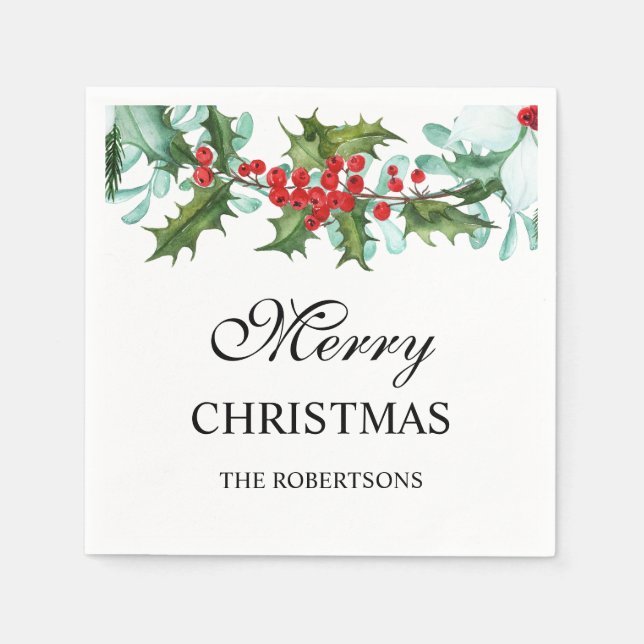 Serviette En Papier Aquarelle Holly et Berries Joyeux Noël (Devant)