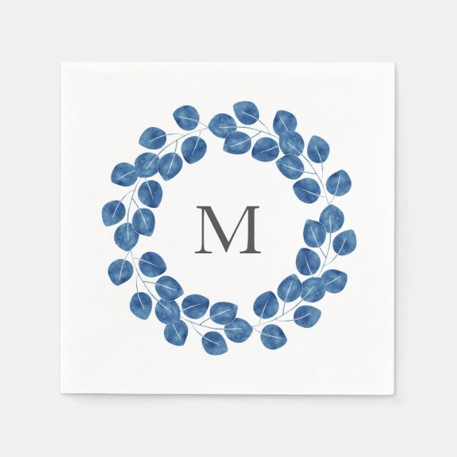 Serviette En Papier Aquarelle Indigo Dollar Argent Eucalyptus Wreath (Devant)