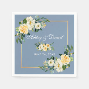 Serviette En Papier Aquarelle Jaune Floral Dusty Blue Mariage