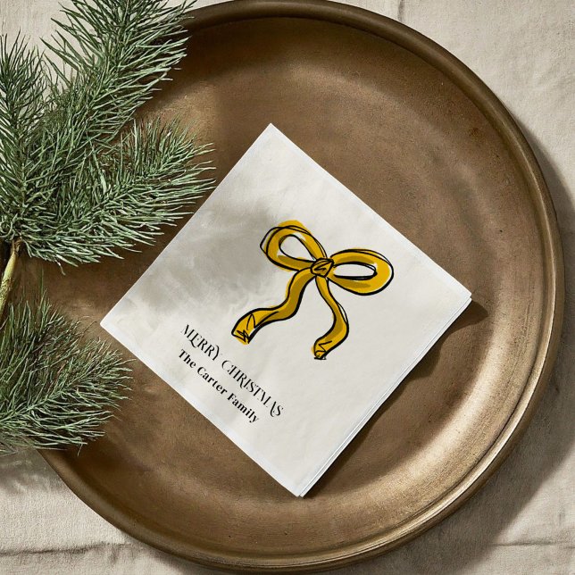 Serviette En Papier Aquarelle Jaune Or Sketch Bow (Yellow Gold Watercolor Christmas Bow Sketch Illustration Holiday Party Paper Napkins)