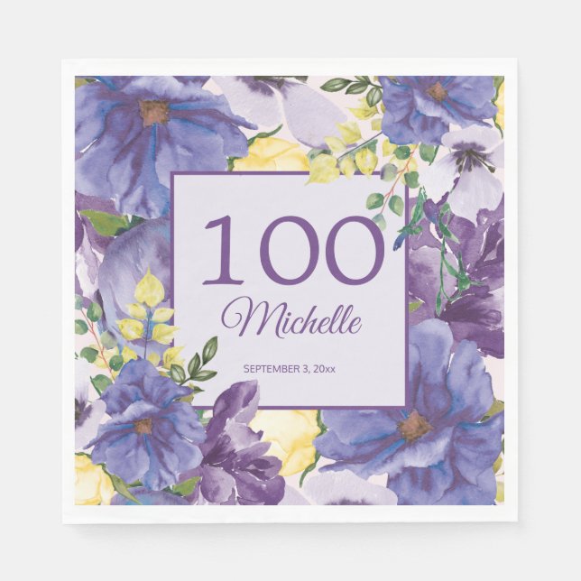 Serviette En Papier Aquarelle jaune pourpre Floral 100e anniversaire (Devant)