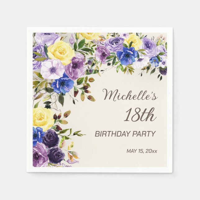 Serviette En Papier Aquarelle jaune pourpre Floral 18e anniversaire (Devant)