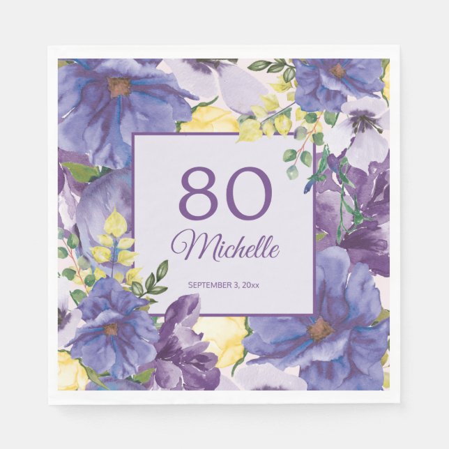 Serviette En Papier Aquarelle jaune pourpre Floral 80e anniversaire (Devant)