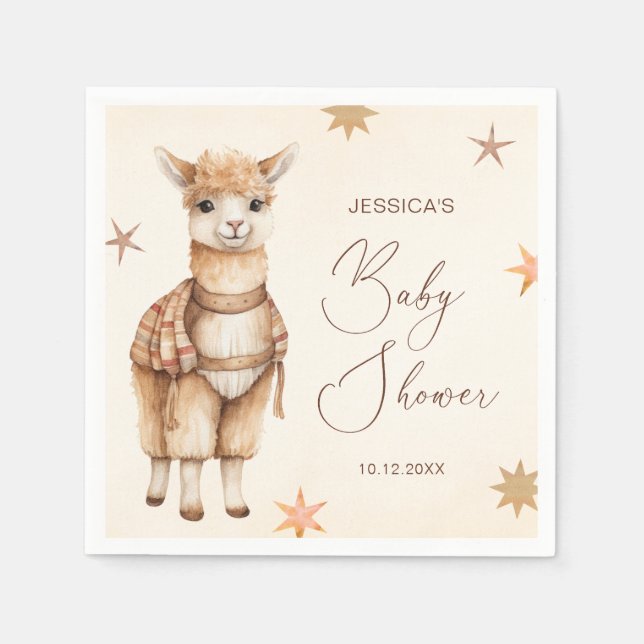 Serviette En Papier Aquarelle Llama Boho Baby shower beige (Devant)