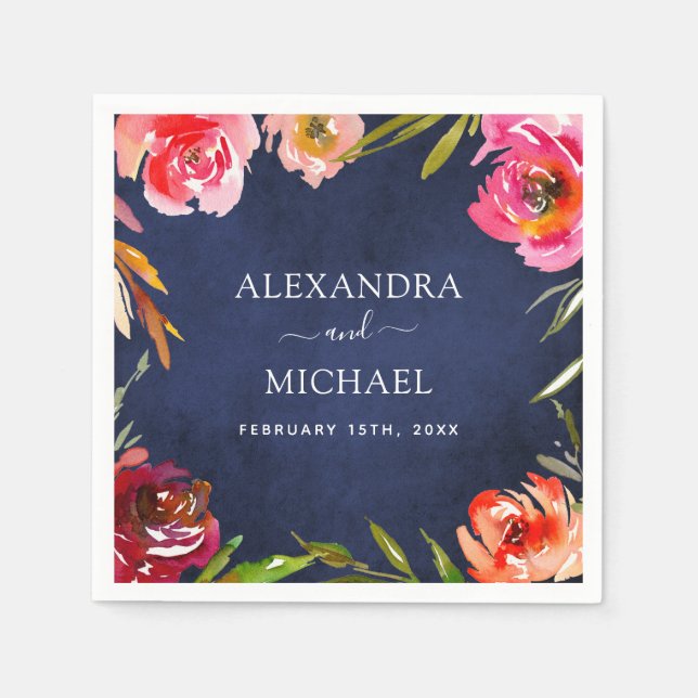 Serviette En Papier Aquarelle mariage bleu floral élégant (Devant)