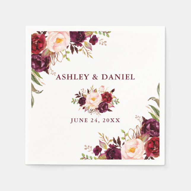 Serviette En Papier Aquarelle mariage Bourgogne Floral (Devant)