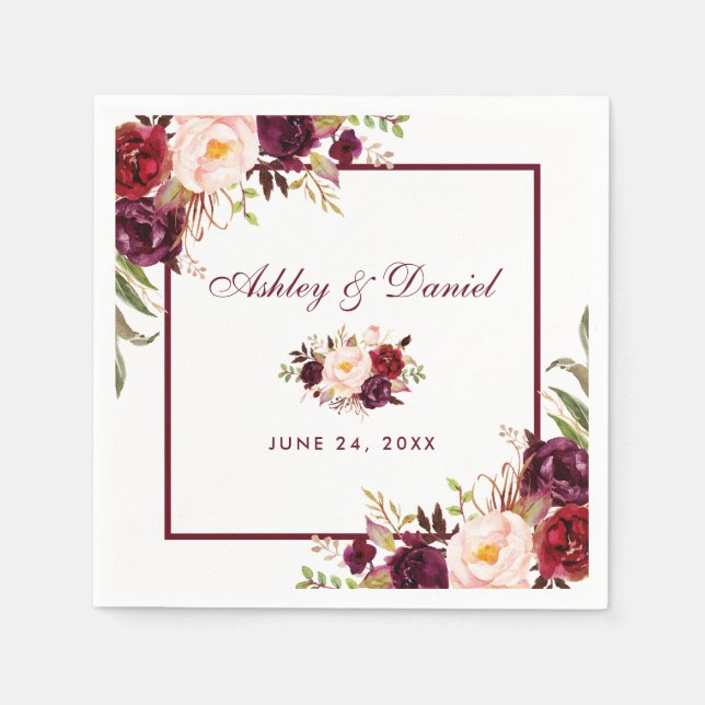 Serviette En Papier Aquarelle mariage Bourgogne Floral (Devant)