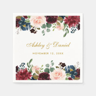Serviette En Papier Aquarelle mariage Floral Bourgogne Bleu Or