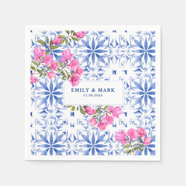 Serviette En Papier Aquarelle mariage Santorin Grèce bleu et blanc (Devant)