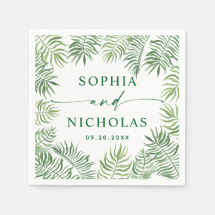 Serviette En Papier Aquarelle mariage tropical verdure palme script