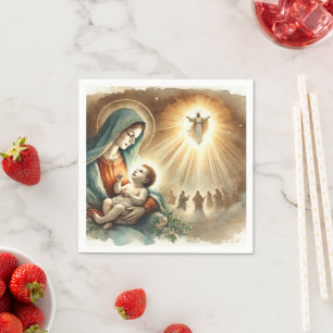 Serviette En Papier Aquarelle Marie & Bébé Jésus Nativité Découpage