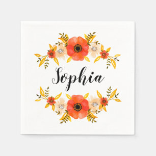 Serviette En Papier Aquarelle mignonne Coral Floral Wreath Texte perso