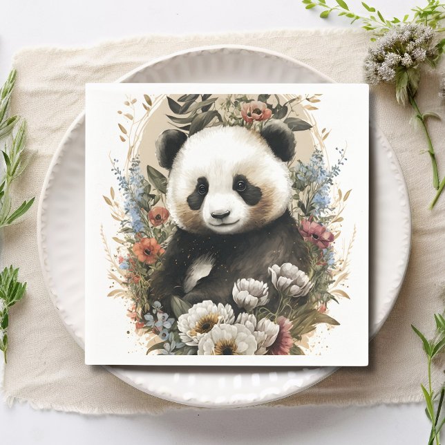 Serviette En Papier Aquarelle mignonne Fleur sauvage Panda Ours Annive (Créateur téléchargé)