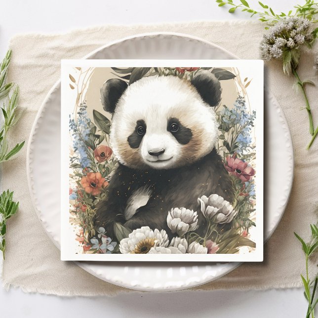 Serviette En Papier Aquarelle mignonne Fleur sauvage Panda Ours Annive (Créateur téléchargé)