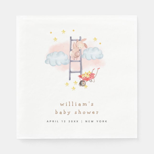 Serviette En Papier Aquarelle minimale Boho Bunny Stars Baby shower (Devant)